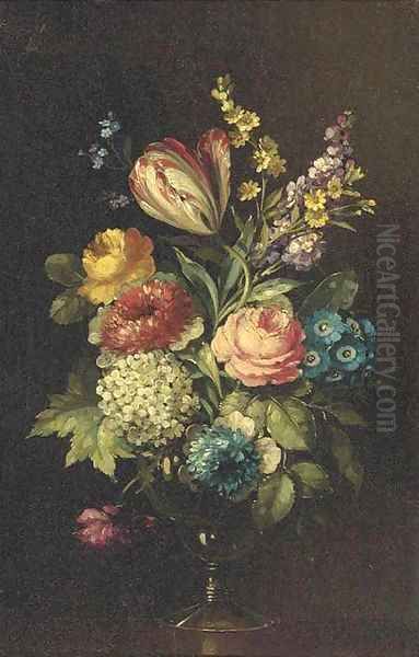 Roses, a parrot tulip, chrysanthemums and other flowers in a glass vase on a ledge Oil Painting by Jan Van Huysum