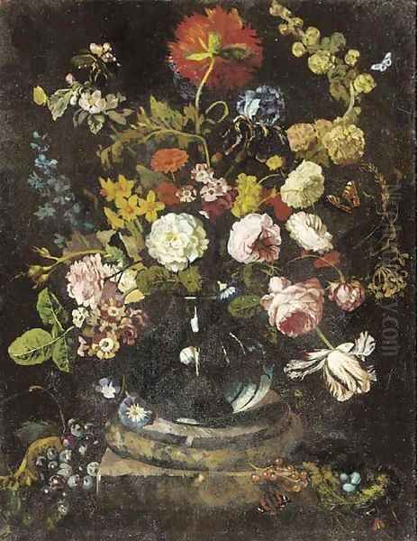 Roses, carnations and other flowers in a glass vase on a plinth Oil Painting by Jan Van Huysum