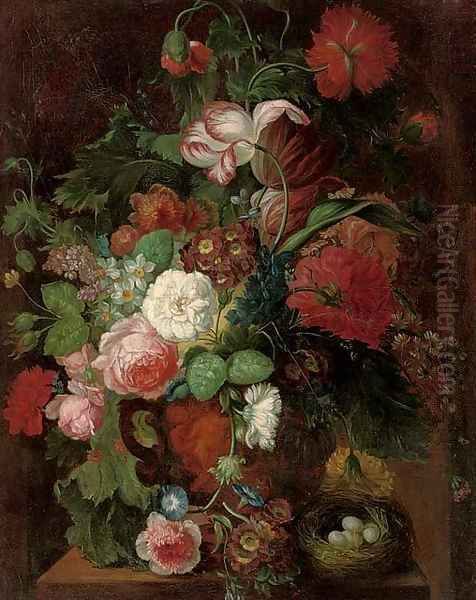 Roses, carnations, tulips, morning glory, narcissi, and other flowers in a vase by a nest of eggs on a plinth Oil Painting by Jan Van Huysum