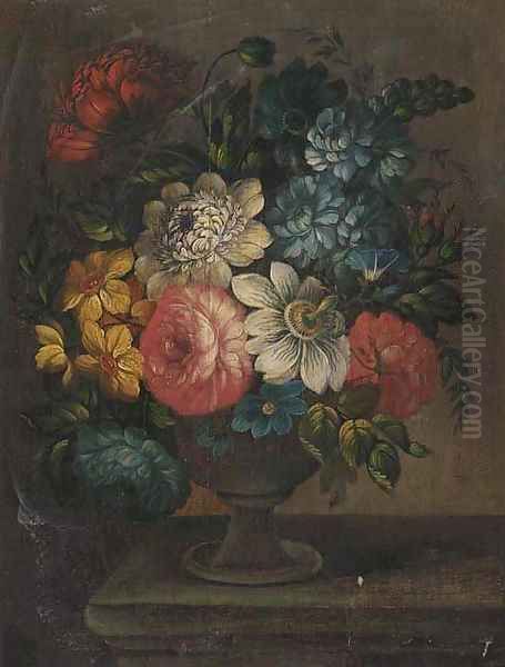 Roses, morning glory, a passion flower and other flowers in a stone vase on a stone ledge Oil Painting by Jan Van Huysum