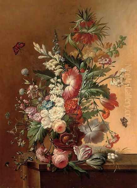 Roses, morning glory, carnations and other flowers in an urn on a ledge with eggs in a nest Oil Painting by Jan Van Huysum