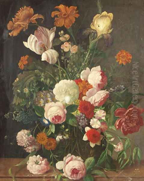 Roses, peonies, a tulip and other flowers in a glass vase on a stone ledge Oil Painting by Jan Van Huysum