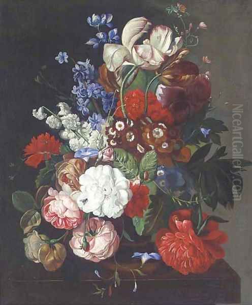 Flowers in a vase on a table Oil Painting by Jan Van Huysum