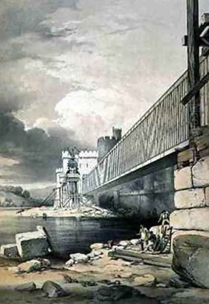 Conway Tubular Bridge with the Preparations for Raising the Second Tube Oil Painting by George Hawkins