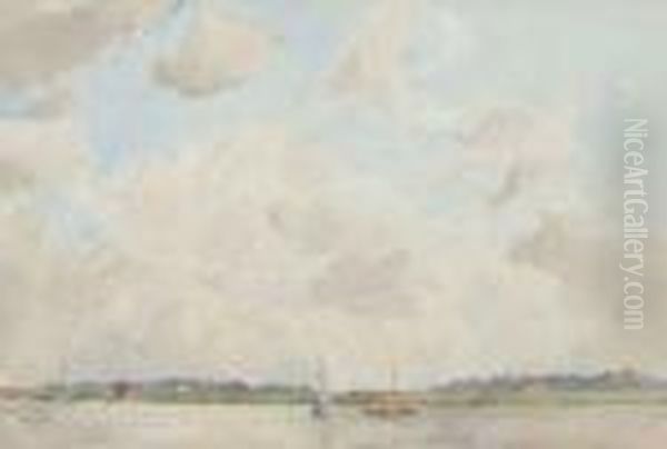 Broadland Landscape With Boats Oil Painting by Arthur John Trevor Briscoe