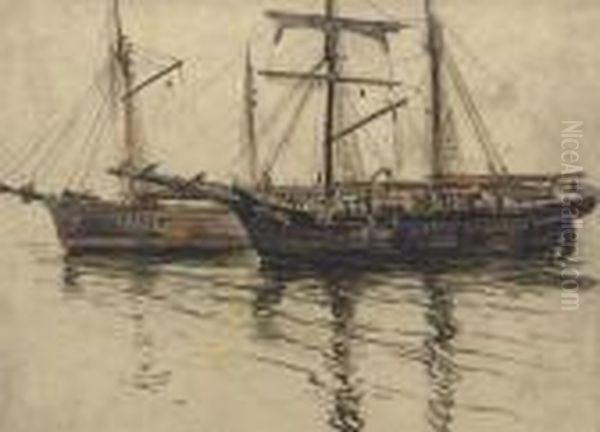 Two Shipping Vessels In A Calm Oil Painting by Arthur John Trevor Briscoe