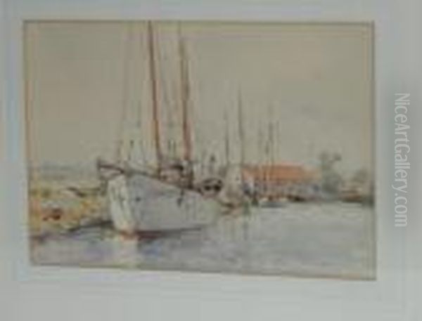 A Two-masted Yacht And Other Vessels Moored Up Oil Painting by Arthur John Trevor Briscoe