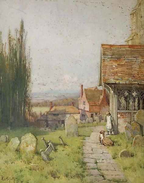 Children on a churchyard path Oil Painting by Mary S. Hagarty