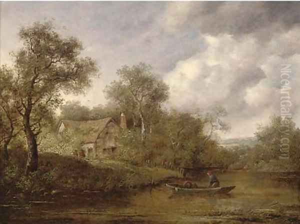 A fisherman in a rowing boat on a river, a cottage beyond Oil Painting by Richard Hilder