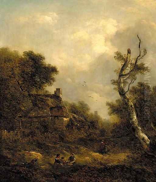 Figures before a cottage in a wooded landscape Oil Painting by Richard Hilder