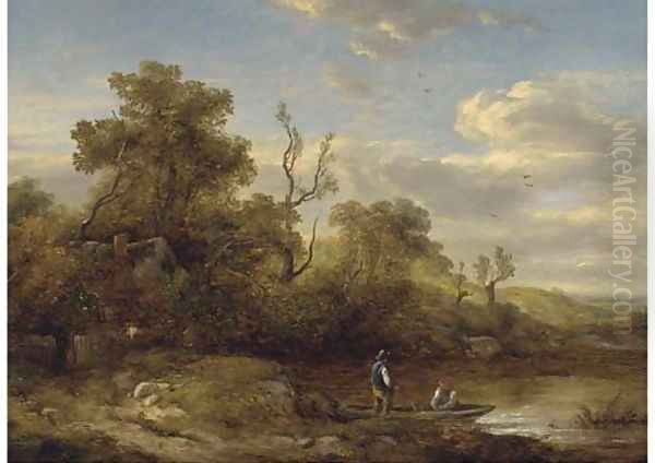 Figures in a boat before a cottage by Richard Hilder