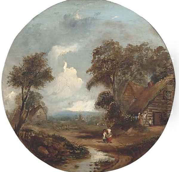 Figures outside a thatched cottage, children playing next to a stream nearby Oil Painting by Richard Hilder