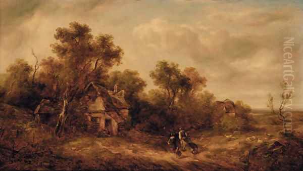 Figures on a track in a wooded landscape, a cottage beyond Oil Painting by Richard Hilder