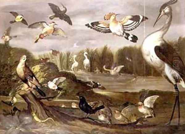 River landscape with a jay a stonechat a mallard a wagtail and other birds Oil Painting by Franz de Hamilton