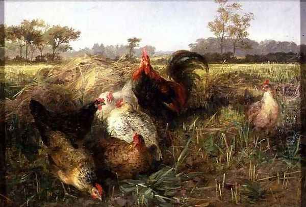 Fowls in the Stubble Oil Painting by George Hickin