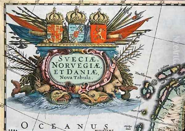 Cartouche from a map of Sweden Norway and Denmark Oil Painting by Henricus Hondius