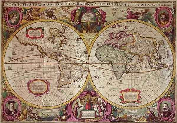 A New Land and Water Map of the Entire Earth Oil Painting by Henricus Hondius