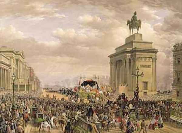 Funeral of the Duke of Wellington the funeral car passing the archway at Apsley House Oil Painting by Louis Haghe