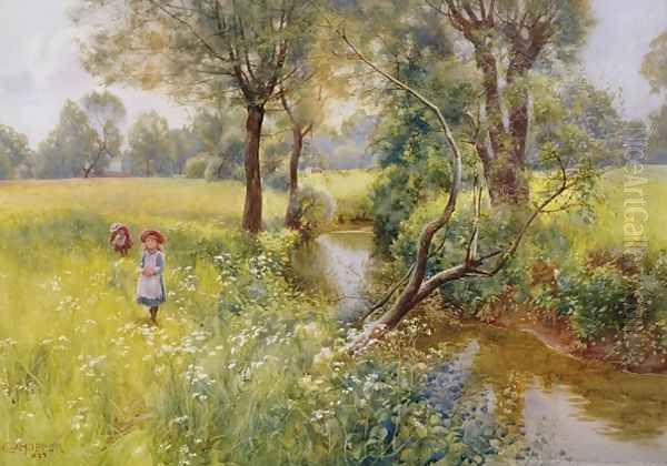 Picking summer flowers by the stream Oil Painting by Charles W. Hopper