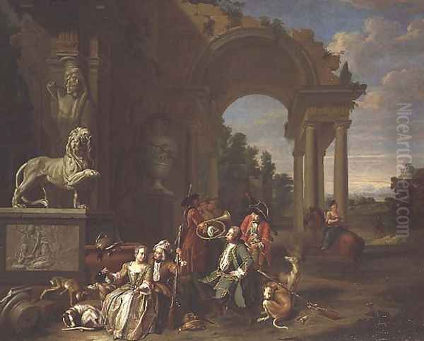 A Hunting party in classical ruins Oil Painting by Peter Jacob Horemans