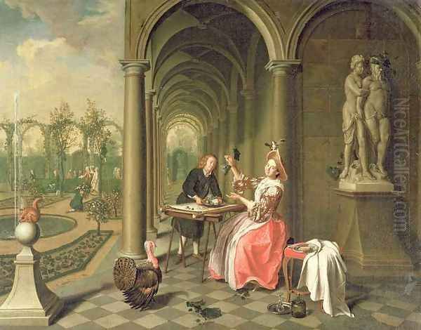 The Colonnade of a Country House with a Lady seated beside a Statue being served a Dish of Fruit Oil Painting by Peter Jacob Horemans