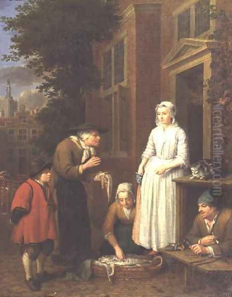 Fishmongers and a cobbler outside a town house Oil Painting by Peter Jacob Horemans