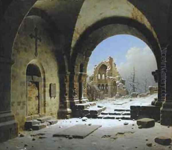 Cloister Ruins in Winter Oil Painting by Carl Georg Adolph Hasenpflug