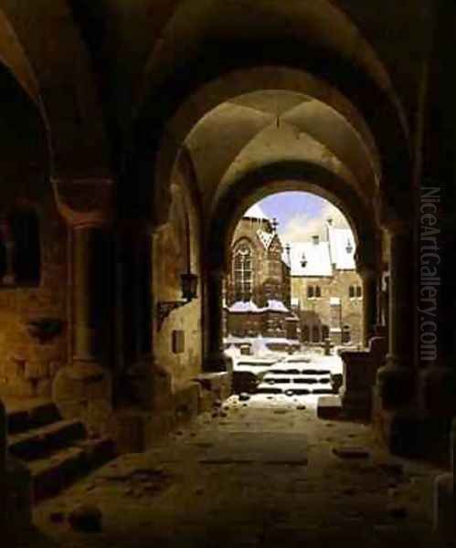 The Monastery Gate in Winter Oil Painting by Carl Georg Adolph Hasenpflug