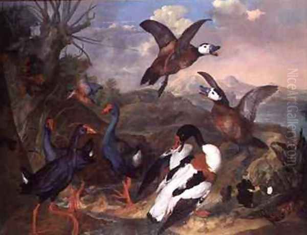 Birds in a Landscape Oil Painting by Carl Wilhelm de Hamilton