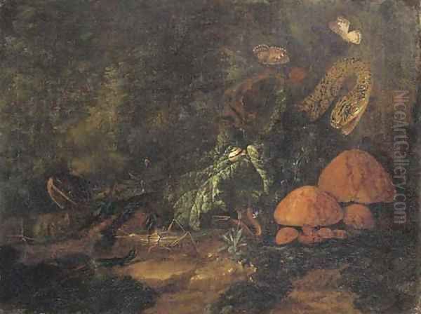 A forest floor still life with snakes, butterflies, snails, a grasshopper and a lizard Oil Painting by Carl Wilhelm de Hamilton