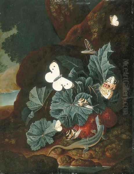 A forest floor still-life with a lizard, butterflies, snails and a snake Oil Painting by Carl Wilhelm de Hamilton