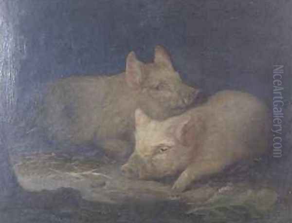 Two Prize Pigs in an Interior Oil Painting by John Rabone Harvey