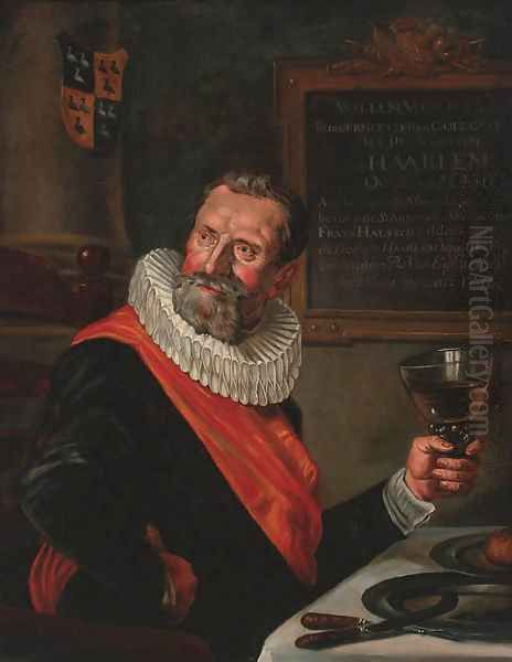 Portrait Of An Officer Of The Saint Hadrian Civic Guard, Half Length, Holding A Roemer, At A Table Oil Painting by Frans Hals