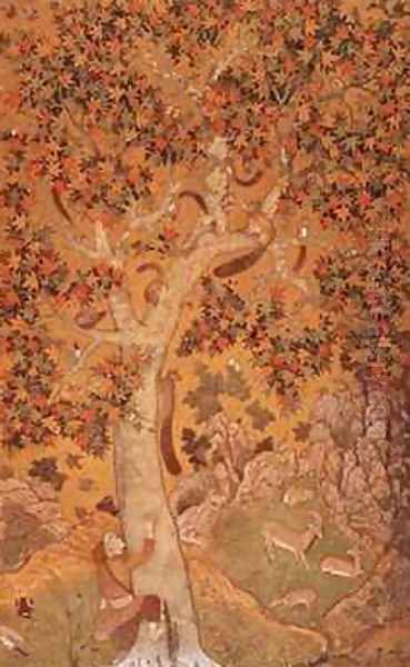 Johnson Album I No 30 Squirrels on a plane tree Mughal Oil Painting by Abu'l Hasan