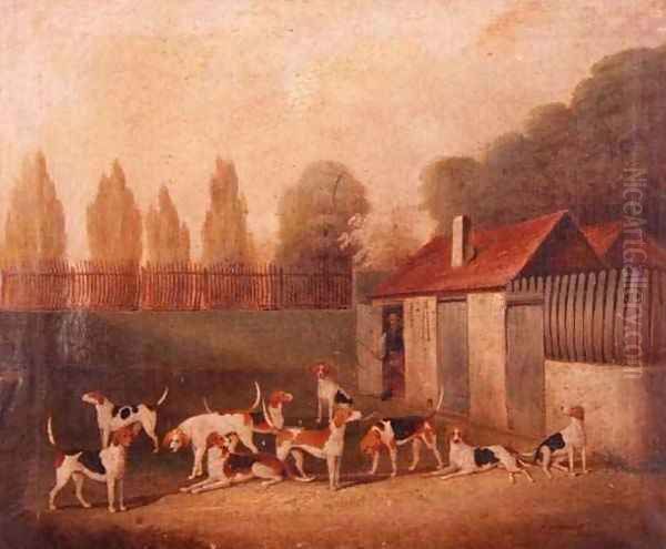 Foxhounds in a Kennelyard Oil Painting by Thomas Henwood