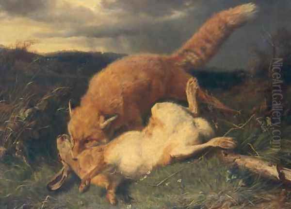 Fox and Hare Oil Painting by Johann Baptist Hofner