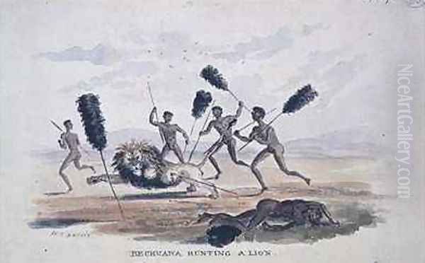 Bechuana Hunting a Lion Oil Painting by William Cornwallis Harris