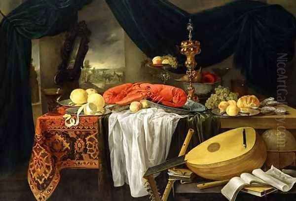 Still Life with a Lobster Lemons and a Lute Oil Painting by Jan van den Hecke