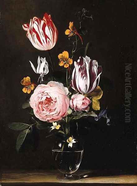 Roses, tulips, primroses and other flowers in a glass vase, on a wooden table Oil Painting by Jan van den Hecke