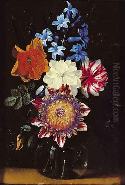 A chrysanthemum, a hyacinth, a poppy and other flowers in a glass vase Oil Painting by Jan van den Hecke