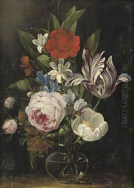 Roses, a tulip and other flowers in a glass vase Oil Painting by Jan van den Hecke