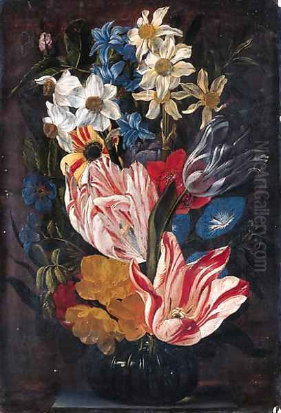 Tulips, roses, anemones, daffodils, hyacinths, morning glory and other flowers in a glass vase on a stone ledge Oil Painting by Jan van den Hecke