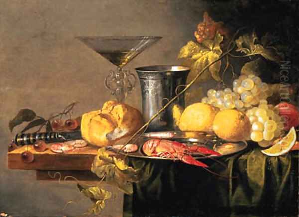 Crayfish and Prawns on a pewter Plate, a Beaker, a faon de Venise Wineglass, a Roll, a Knife, Lemons, Grapes, Cherries and other Fruit Oil Painting by Jan van den Hecke