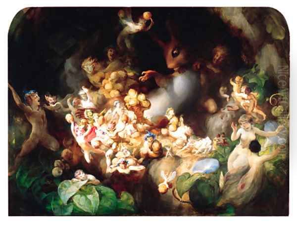 Titania's Elves robbing the Squirrel's Nest - Midsummer Night's Dream Oil Painting by Robert Huskisson