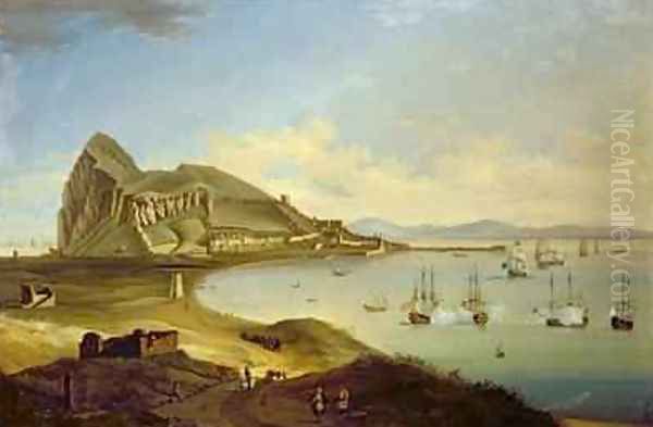 Admiral of the Blue Squadron Arriving at Gibraltar under the Gun Salute from the Red Squadron in 1722 Oil Painting by Willem van der Hagen