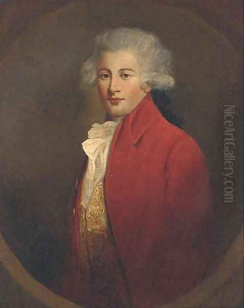 Portrait of a young gentleman, half-length, in a red jacket and white cravat Oil Painting by John Hoppner