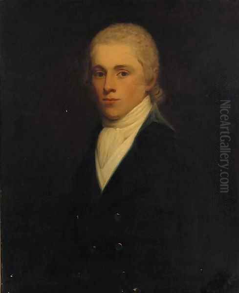 Portrait of a gentleman, traditionally identified as Sir John Twung, bust-length, in a black jacket and white cravat Oil Painting by John Hoppner