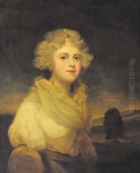 Portrait of a lady, traditionally identified as Miss Abbingdon, half-length, in a white dress, a landscape beyond Oil Painting by John Hoppner