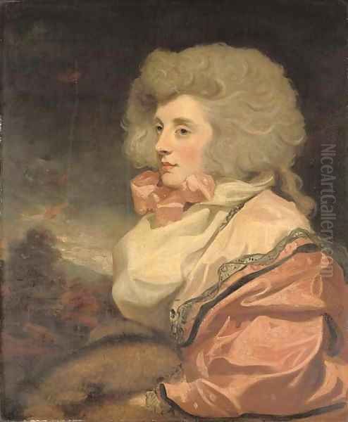 Portrait of a lady, half-length, seated in a pink dress, white scarf and pink neck-tie, with a fur muff, in a landscape Oil Painting by John Hoppner