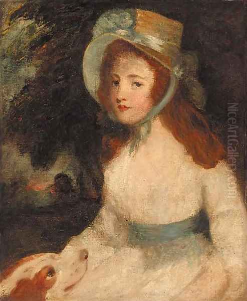 Portrait of a lady, three-quarter-length, in a white dress and bonnet, a dog at her side, in a landscape Oil Painting by John Hoppner